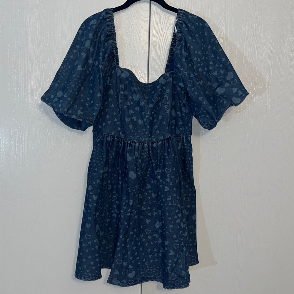 Avec Les Filles Swirling Hearts Denim Babydoll Mini Dress